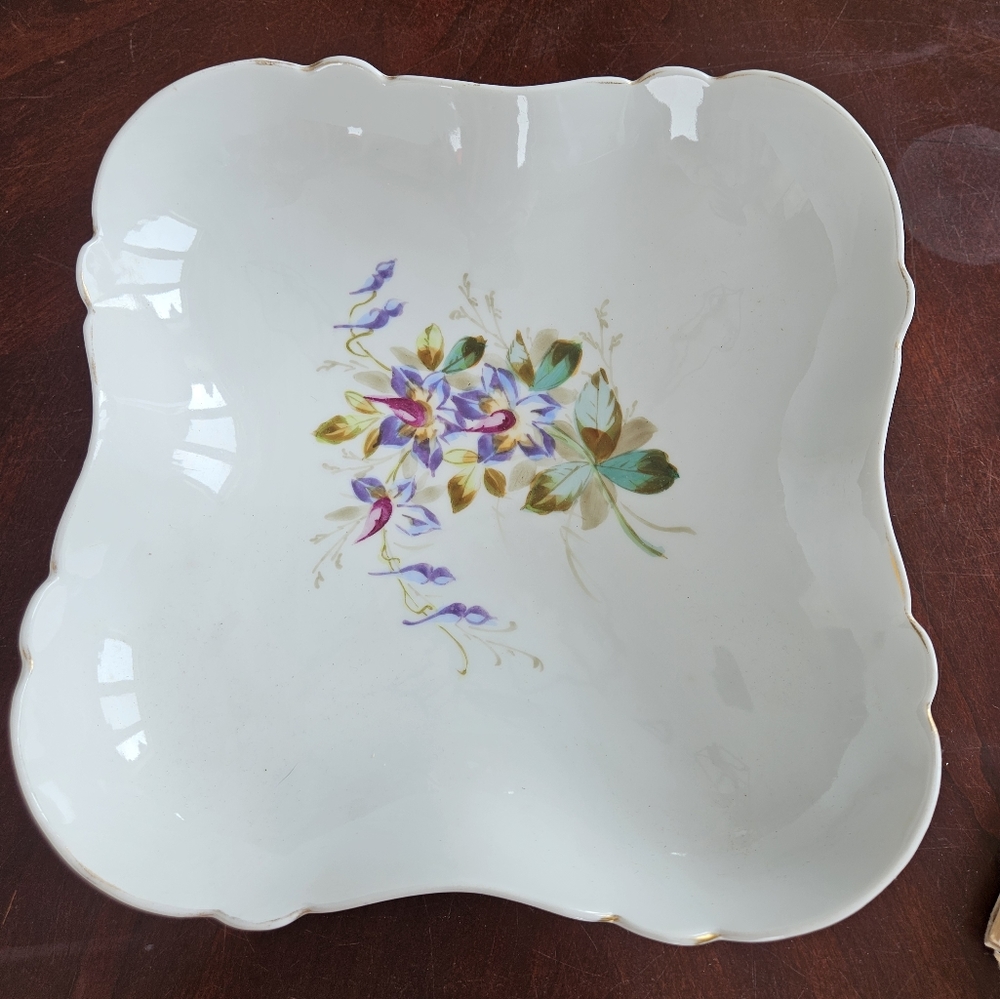 Antique Hand Painted Square Scalloped Edge Floral Serving Dish Circa late 1800's